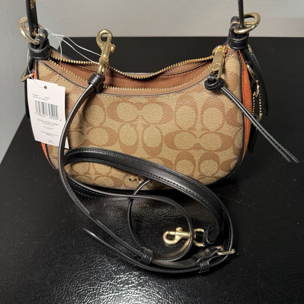 NWT Coach Signature Suede Kleo Hobo Shoulder Bag W/ Crossbody Strap Brown Logo - Picture 7 of 12